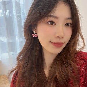 925 Silver Needle Earrings Korean Style Earrings White and Red Bow Drop Earrings For Girl Party Gifts Party Earrings Christmas Earrings Christmas Jewellery Christmas Accessories