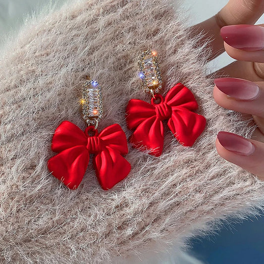 Red Christmas Earrings for Women Christmas Jewellery for Girlfriend Wife Bow Knot Dangle Earrings For Women Zircon Earring Girls Christmas Gift for Friends New Year Jewellery Gift