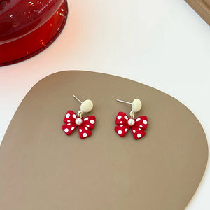 925 Silver Needle Earrings Korean Style Earrings White and Red Bow Drop Earrings For Girl Party Gifts Party Earrings Christmas Earrings Christmas Jewellery Christmas Accessories