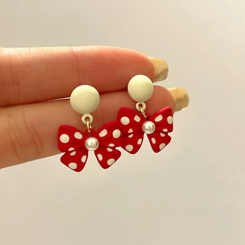 925 Silver Needle Earrings Korean Style Earrings White and Red Bow Drop Earrings For Girl Party Gifts Party Earrings Christmas Earrings Christmas Jewellery Christmas Accessories