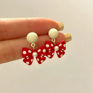 925 Silver Needle Earrings Korean Style Earrings White and Red Bow Drop Earrings For Girl Party Gifts Party Earrings Christmas Earrings Christmas Jewellery Christmas Accessories