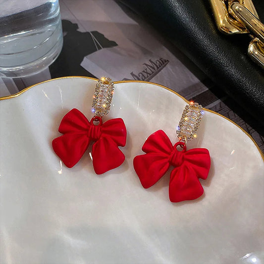 Red Christmas Earrings for Women Christmas Jewellery for Girlfriend Wife Bow Knot Dangle Earrings For Women Zircon Earring Girls Christmas Gift for Friends New Year Jewellery Gift