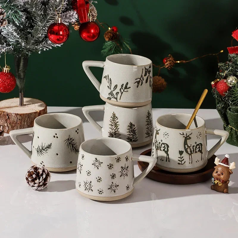 Retro Ceramic Mug with Handle Heat-resistant Coffee Cup Vintage Christmas Elk Home Office Handmade Water Tea Cups Christmas New Year Gift Winter Coffee Mug