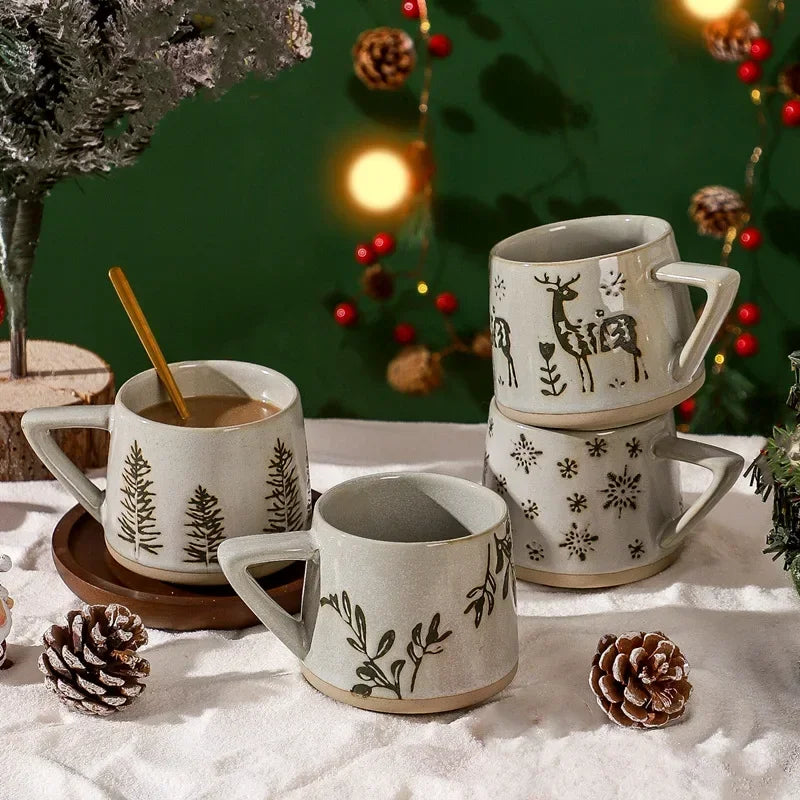 Retro Ceramic Mug with Handle Heat-resistant Coffee Cup Vintage Christmas Elk Home Office Handmade Water Tea Cups Christmas New Year Gift Winter Coffee Mug