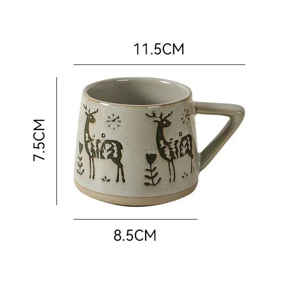 Retro Ceramic Mug with Handle Heat-resistant Coffee Cup Vintage Christmas Elk Home Office Handmade Water Tea Cups Christmas New Year Gift Winter Coffee Mug