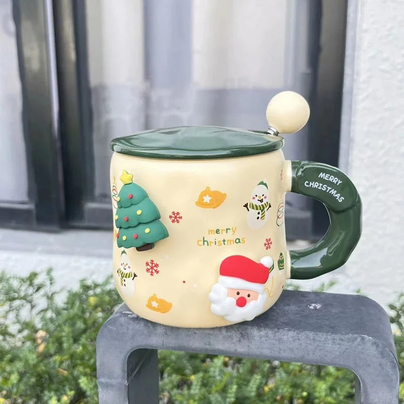 Christmas Ceramic Mug with Lid Spoon Gift for kids Coffee Mugs 3D Magnet Mug Coffee Cup Breakfast Milk Cups Christmas Holiday Gift New Year Gift