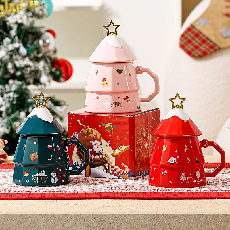 Christmas Tree Mugs with Lid Christmas Gift Box Set Ceramic Water Cup Coffee Milk Mug for Home  Xmas Gift for Kids Boy GIrl