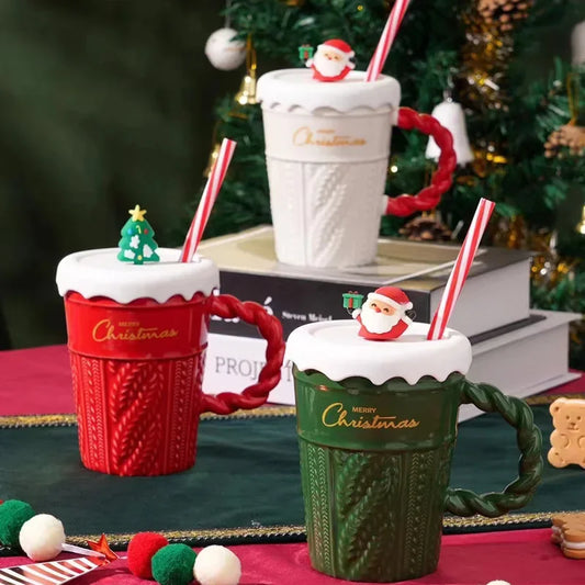 Christmas Mug Christmas Tree Ceramic Water Cup with Lid Straw Ceramic Cup Couple Cup Christmas Gift for Couple Friends Family Sipper New Year