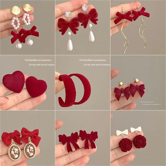 Red Color Earrings Christmas Flocking Earrings for Women Bow-knot C-Shape Pearl Rhinestone Drop Earring Jewellery Christmas Party Gift for Girls