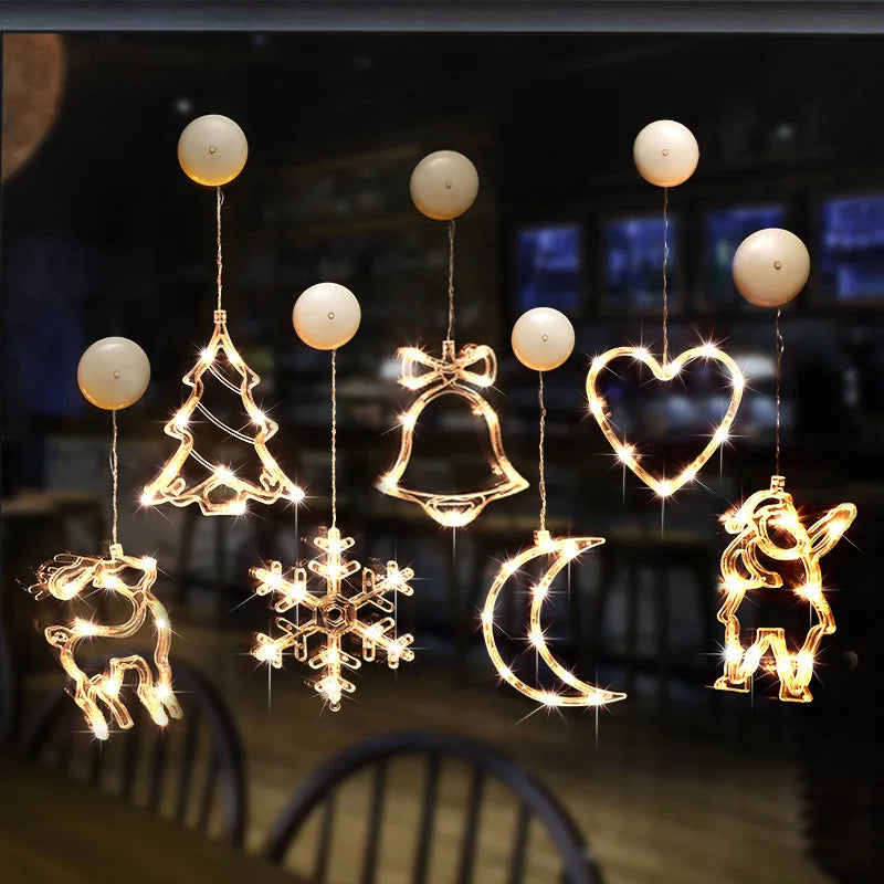 Christmas LED Lights Bell Snowman Star Holiday Window Decoration Battery Powered Hanging Lamp for Home Christmas Decoration