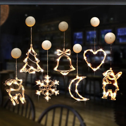 Christmas LED Lights Bell Snowman Star Holiday Window Decoration Battery Powered Hanging Lamp for Home Christmas Decoration