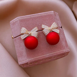 Christmas Jewellery Gift Luxury Gold Color Earrings Zircon Bowknot Stud Earrings For Women Red Pearl Flower Earring for Girls New Year Gift for Women Christmas Jewelry Gifts Set