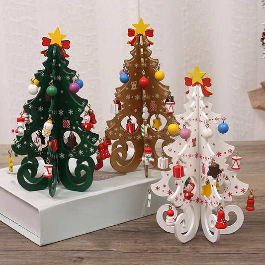 Handcrafted Wooden Christmas Tree Decoration 3D Tabletop Christmas Ornament with Hanging Accessories Festive Decor Gift Holiday Decorations Desk