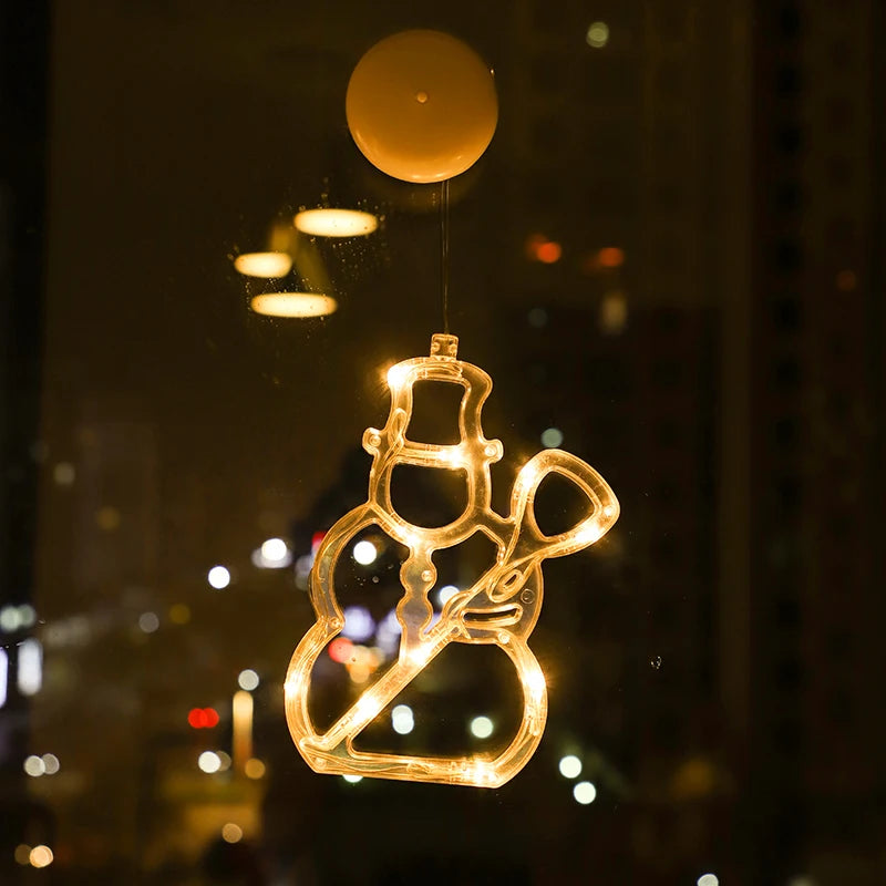 Christmas LED Lights Bell Snowman Star Holiday Window Decoration Battery Powered Hanging Lamp for Home Christmas Decoration