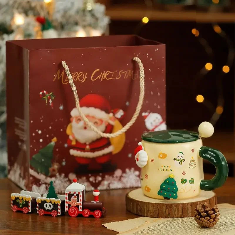 Christmas Ceramic Mug with Lid Spoon Gift for kids Coffee Mugs 3D Magnet Mug Coffee Cup Breakfast Milk Cups Christmas Holiday Gift New Year Gift