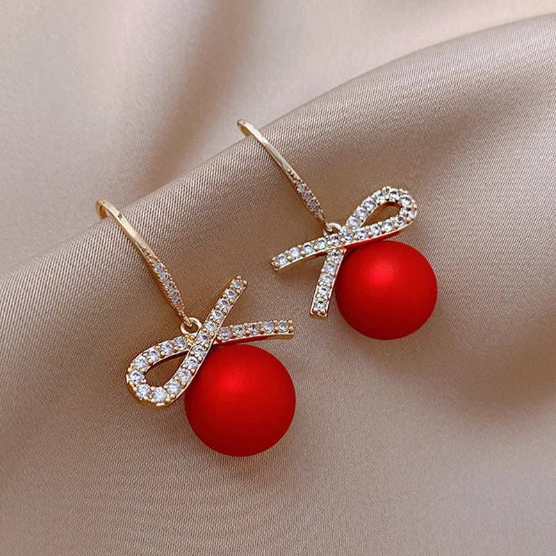 Christmas Jewellery Gift Luxury Gold Color Earrings Zircon Bowknot Stud Earrings For Women Red Pearl Flower Earring for Girls New Year Gift for Women Christmas Jewelry Gifts Set