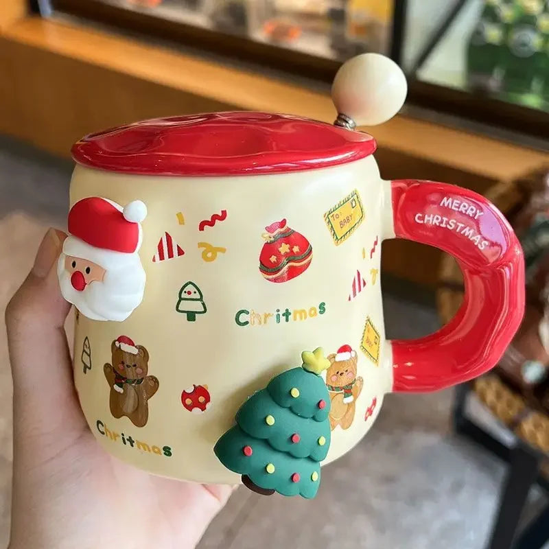 Christmas Ceramic Mug with Lid Spoon Gift for kids Coffee Mugs 3D Magnet Mug Coffee Cup Breakfast Milk Cups Christmas Holiday Gift New Year Gift