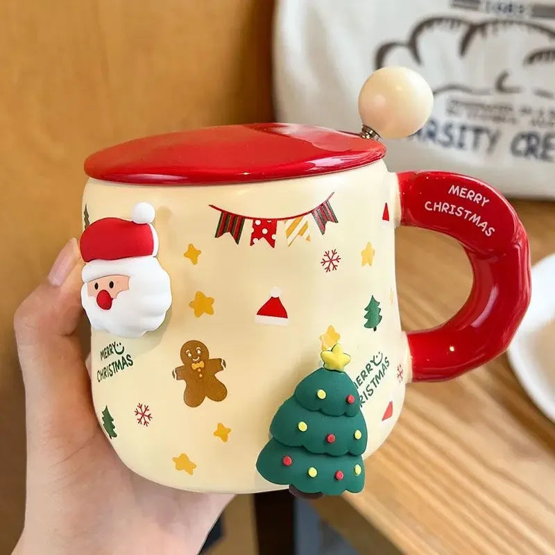 Christmas Ceramic Mug with Lid Spoon Gift for kids Coffee Mugs 3D Magnet Mug Coffee Cup Breakfast Milk Cups Christmas Holiday Gift New Year Gift