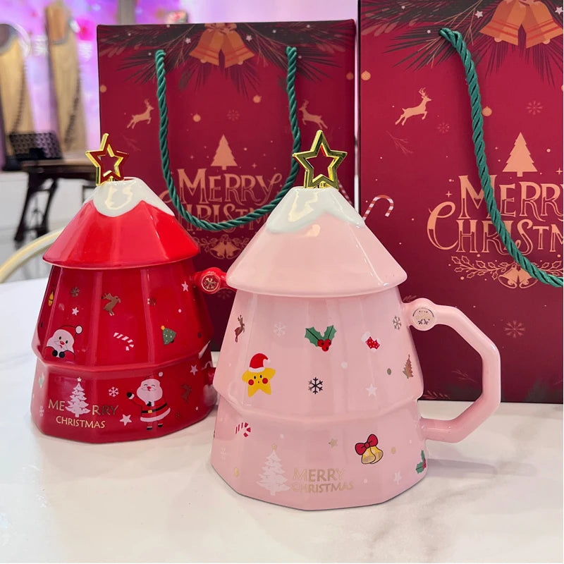 Christmas Tree Mugs with Lid Christmas Gift Box Set Ceramic Water Cup Coffee Milk Mug for Home  Xmas Gift for Kids Boy GIrl