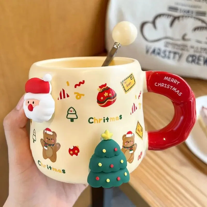 Christmas Ceramic Mug with Lid Spoon Gift for kids Coffee Mugs 3D Magnet Mug Coffee Cup Breakfast Milk Cups Christmas Holiday Gift New Year Gift