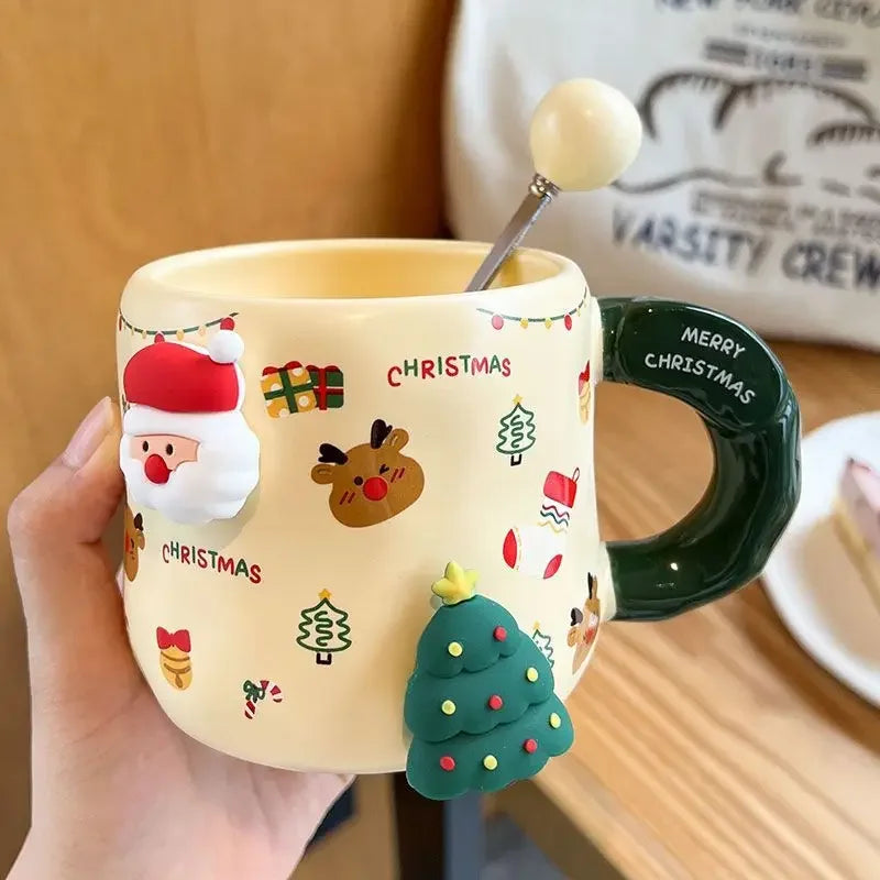 Christmas Ceramic Mug with Lid Spoon Gift for kids Coffee Mugs 3D Magnet Mug Coffee Cup Breakfast Milk Cups Christmas Holiday Gift New Year Gift