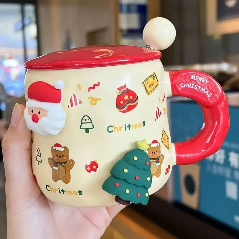 Christmas Ceramic Mug with Lid Spoon Gift for kids Coffee Mugs 3D Magnet Mug Coffee Cup Breakfast Milk Cups Christmas Holiday Gift New Year Gift