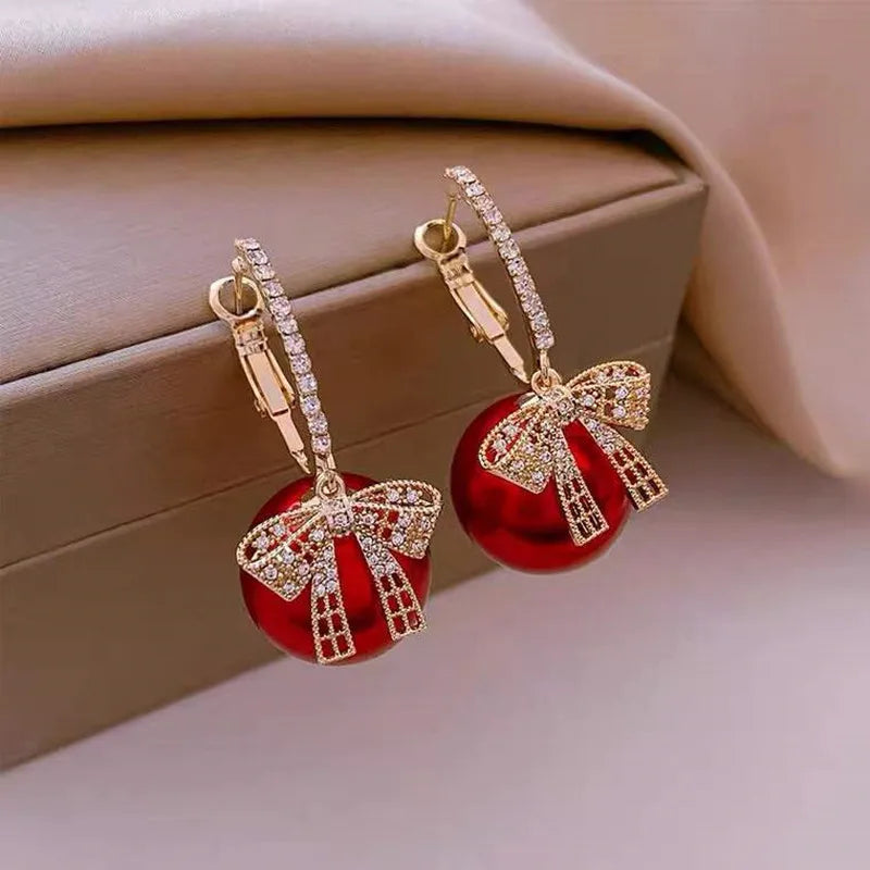 Christmas Jewellery Gift Luxury Gold Color Earrings Zircon Bowknot Stud Earrings For Women Red Pearl Flower Earring for Girls New Year Gift for Women Christmas Jewelry Gifts Set