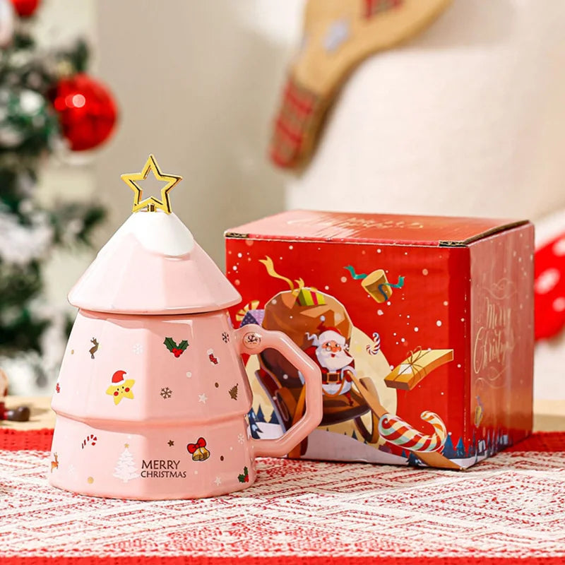 Christmas Tree Mugs with Lid Christmas Gift Box Set Ceramic Water Cup Coffee Milk Mug for Home  Xmas Gift for Kids Boy GIrl