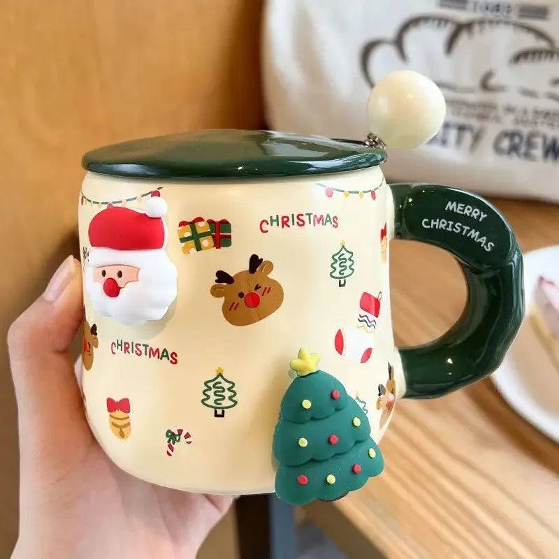 Christmas Ceramic Mug with Lid Spoon Gift for kids Coffee Mugs 3D Magnet Mug Coffee Cup Breakfast Milk Cups Christmas Holiday Gift New Year Gift