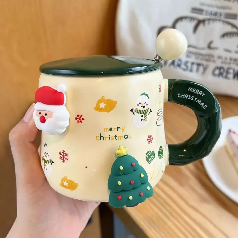 Christmas Ceramic Mug with Lid Spoon Gift for kids Coffee Mugs 3D Magnet Mug Coffee Cup Breakfast Milk Cups Christmas Holiday Gift New Year Gift