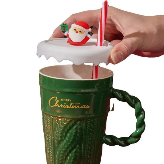 Christmas Mug Christmas Tree Ceramic Water Cup with Lid Straw Ceramic Cup Couple Cup Christmas Gift for Couple Friends Family Sipper New Year